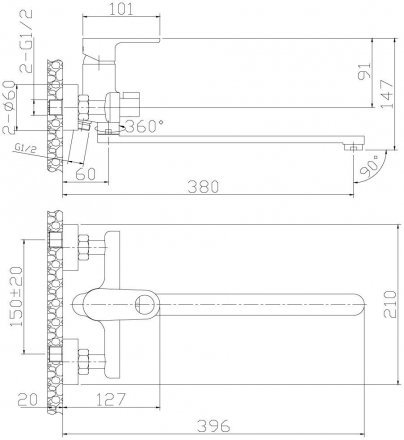Смеситель ванно-душевой Rossinka RS33-32 одноруч (35мм) с повор. изл. 350мм, дивертор с кер. пласт.